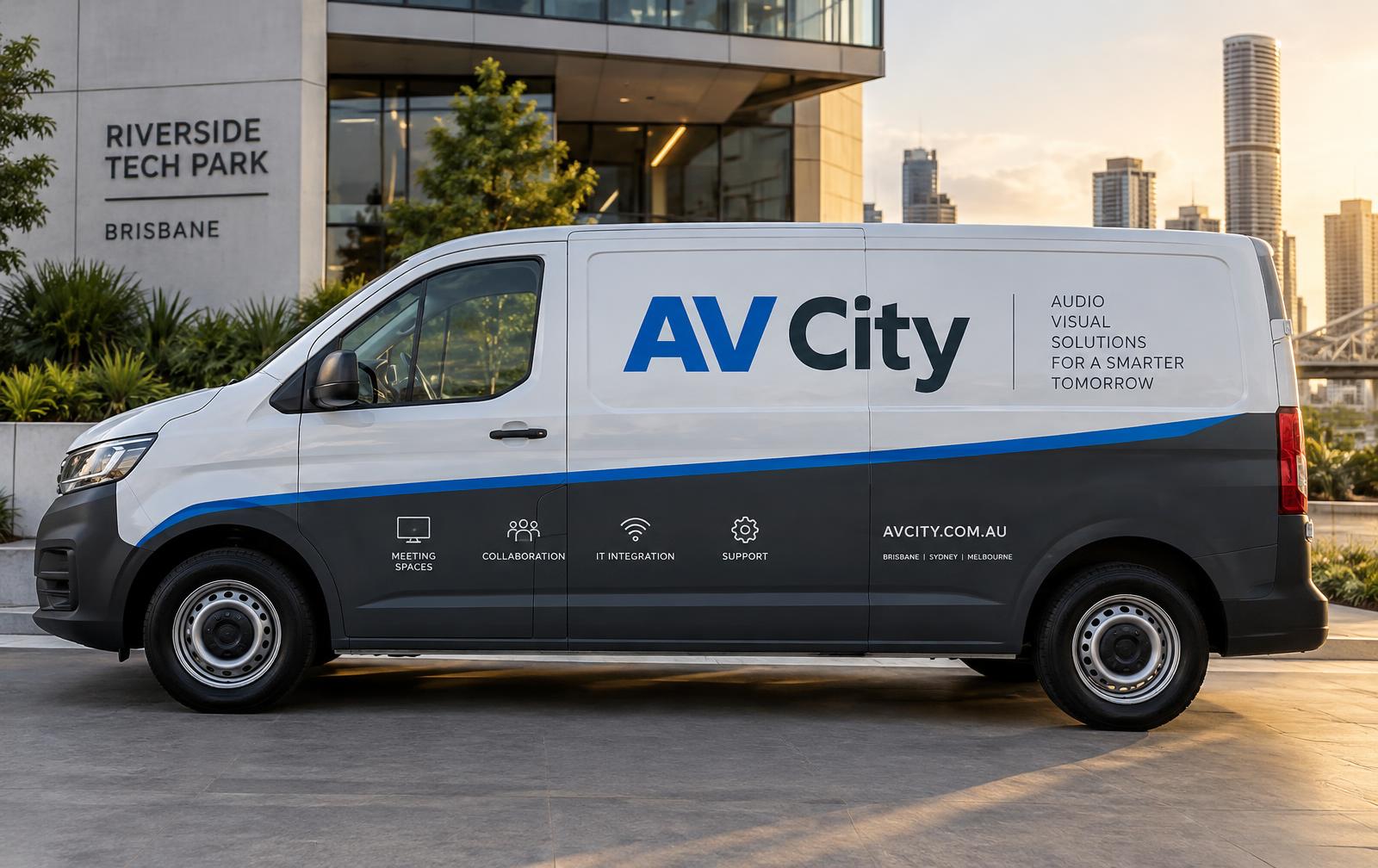 AV City installation van with company branding