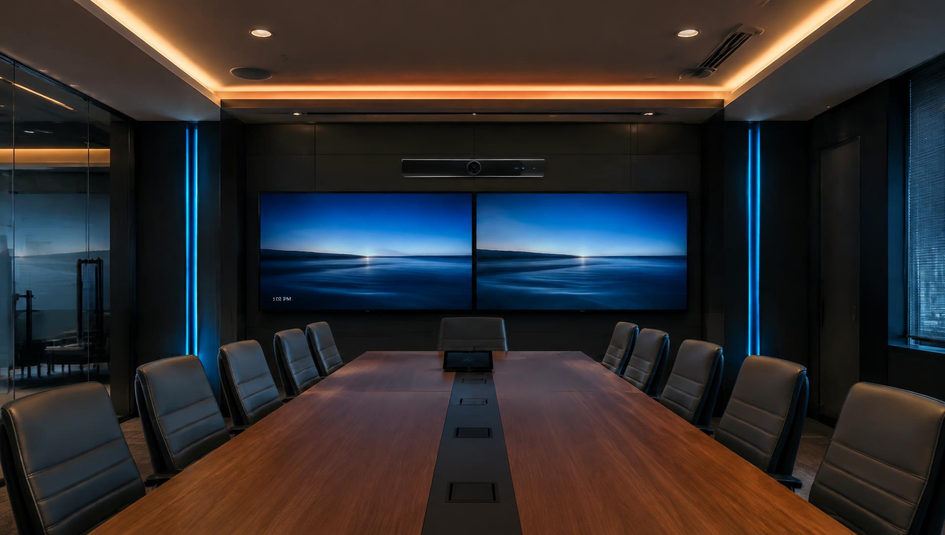 Executive boardroom with dual displays, video bar and ceiling speakers