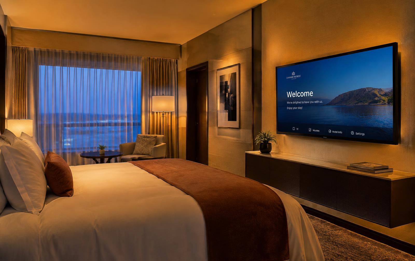Hotel guest room with hospitality TV welcome screen